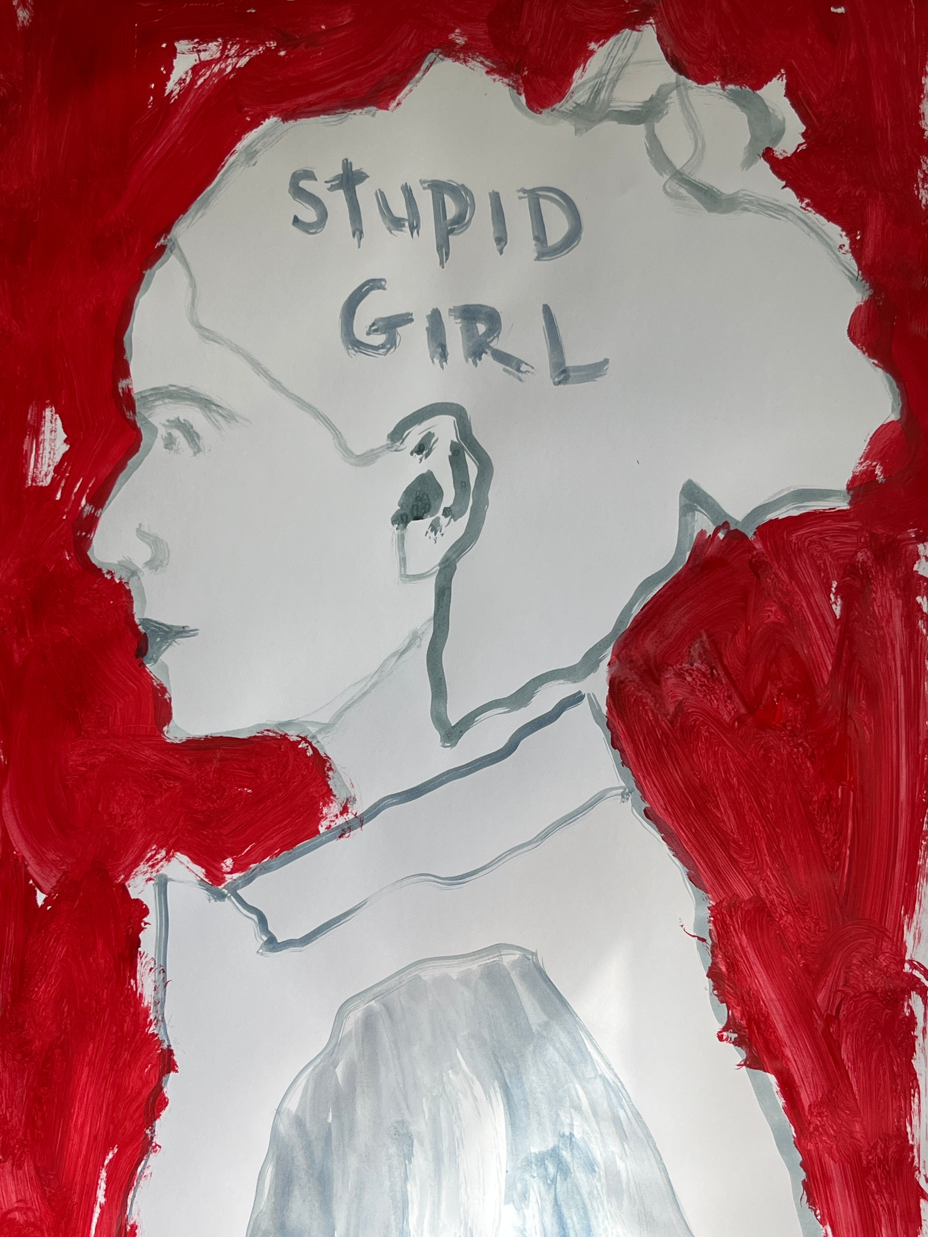 Artistic depiction of a face with 'STUPID GIRL' text on a red background