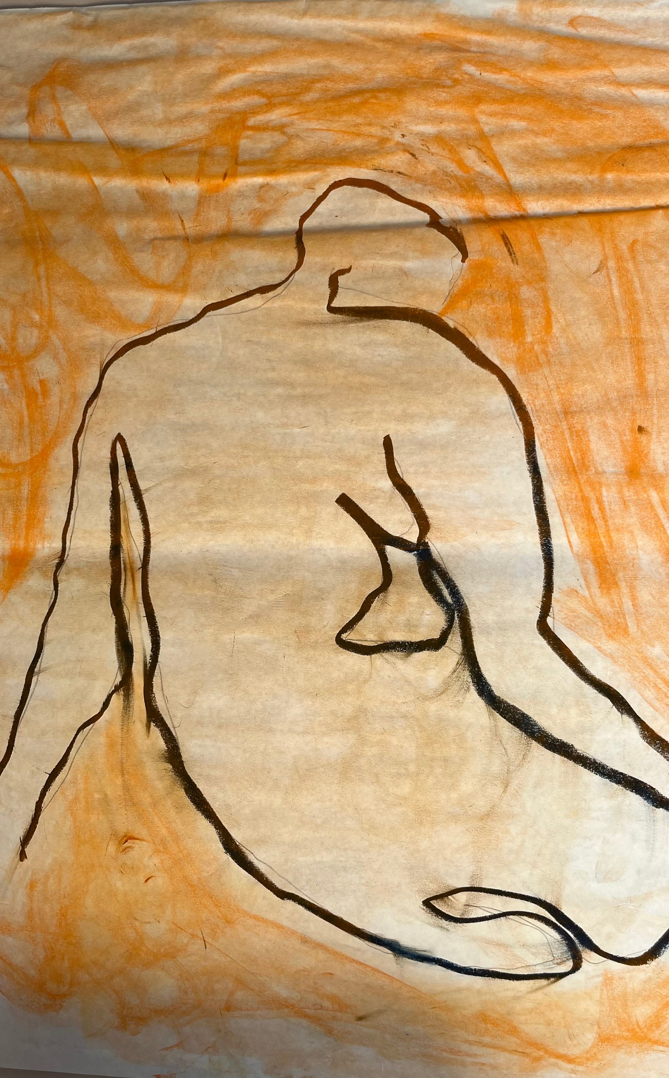 Outline of a nude figure on textured paper with orange and beige background
