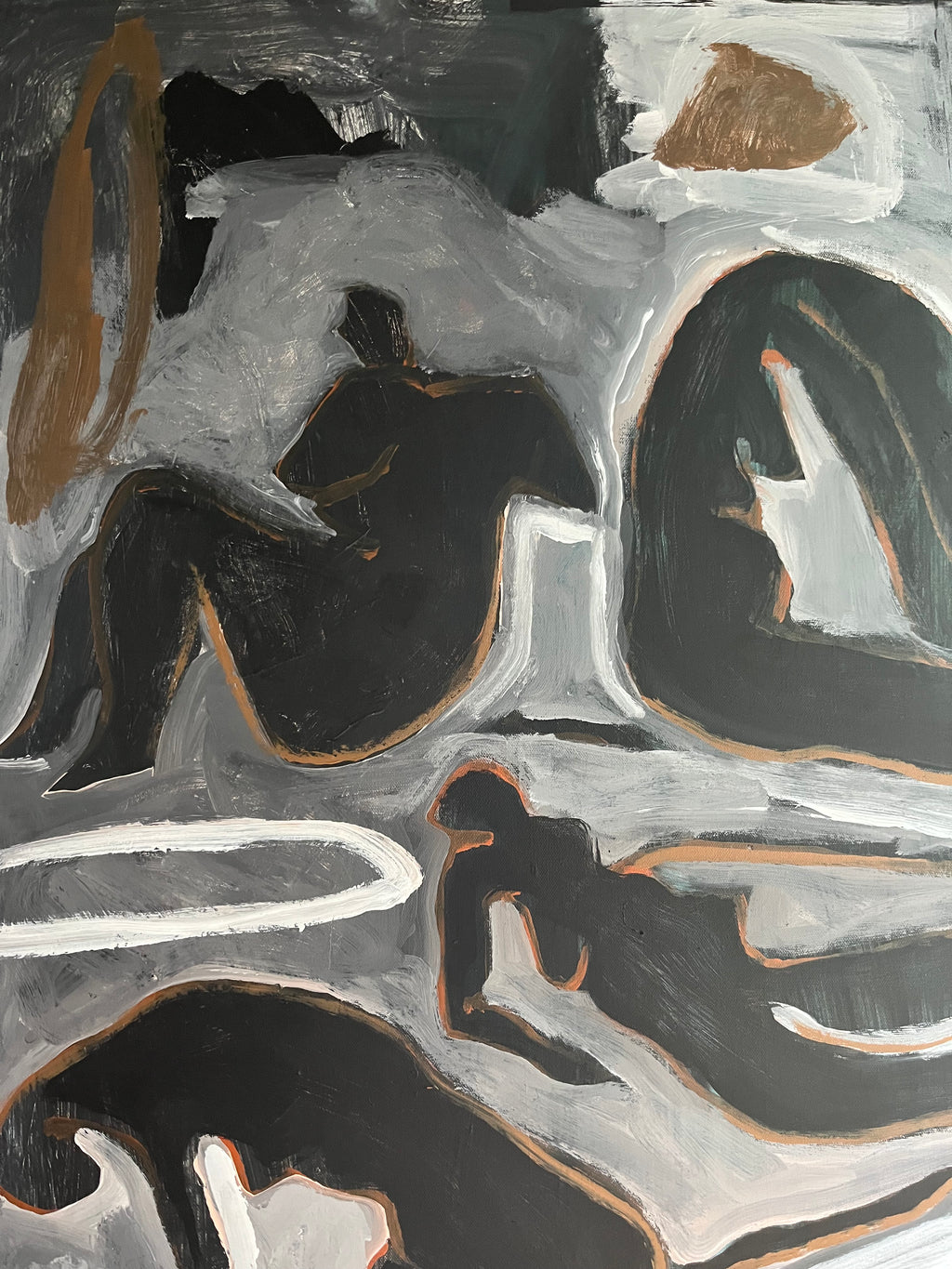 Abstract art with black, white, and brown shapes on a textured background