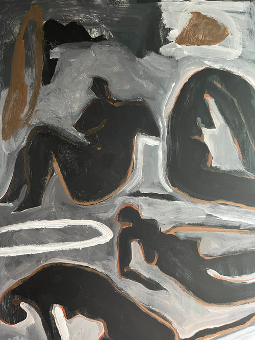 Abstract art with black, white, and brown shapes on a textured background