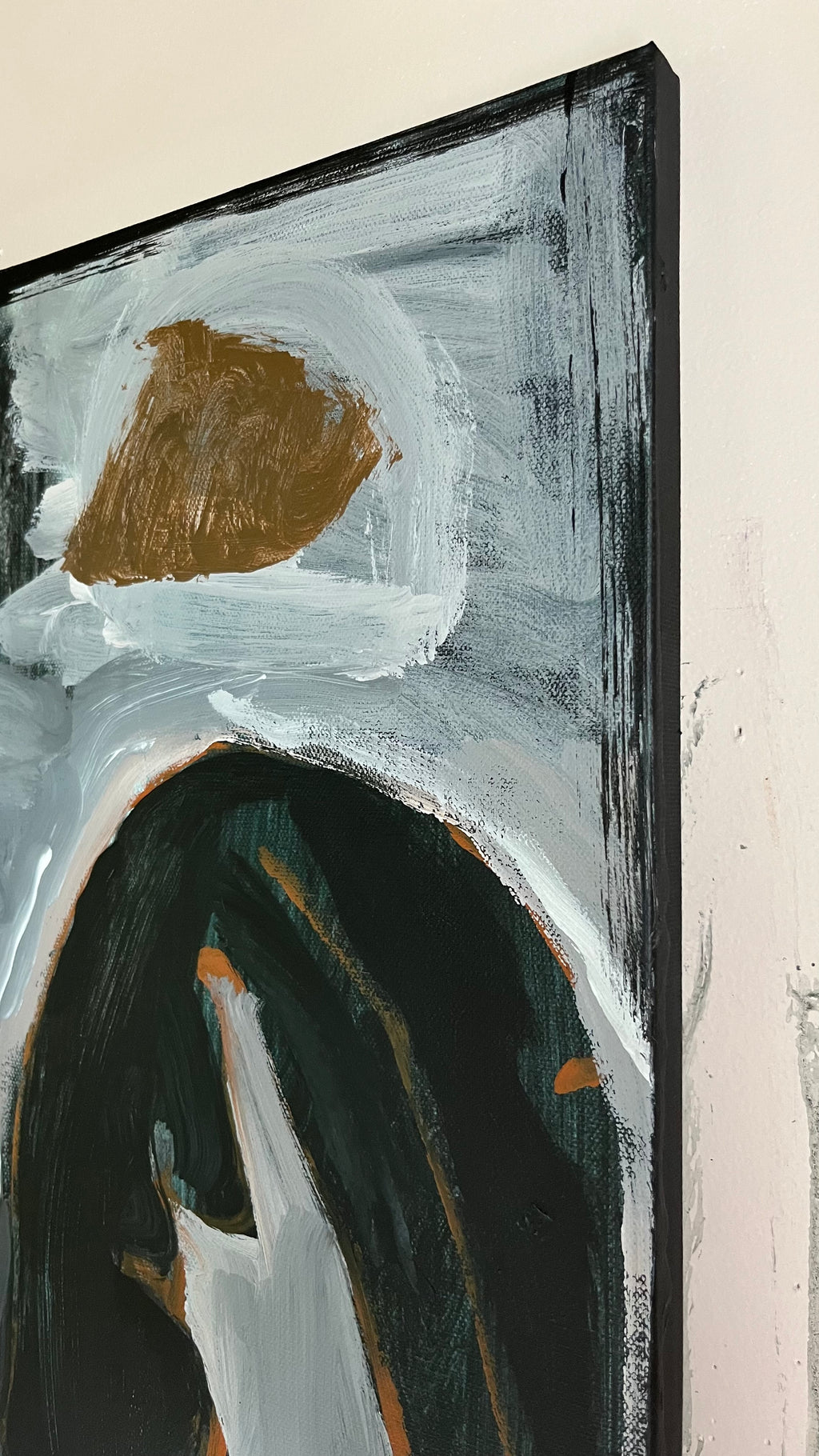 Abstract painting with geometric shapes on a beige background