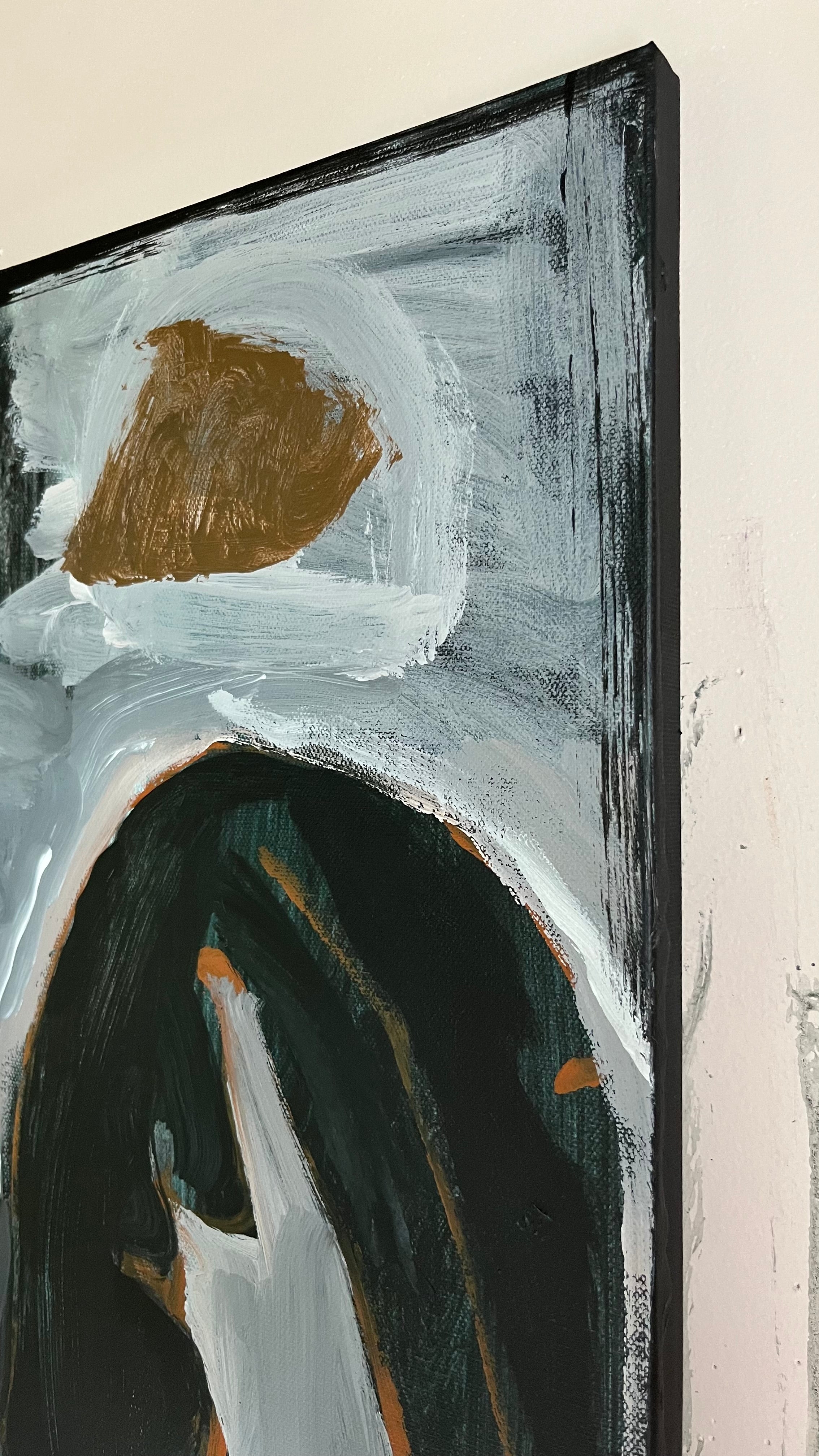 Abstract painting with geometric shapes on a beige background