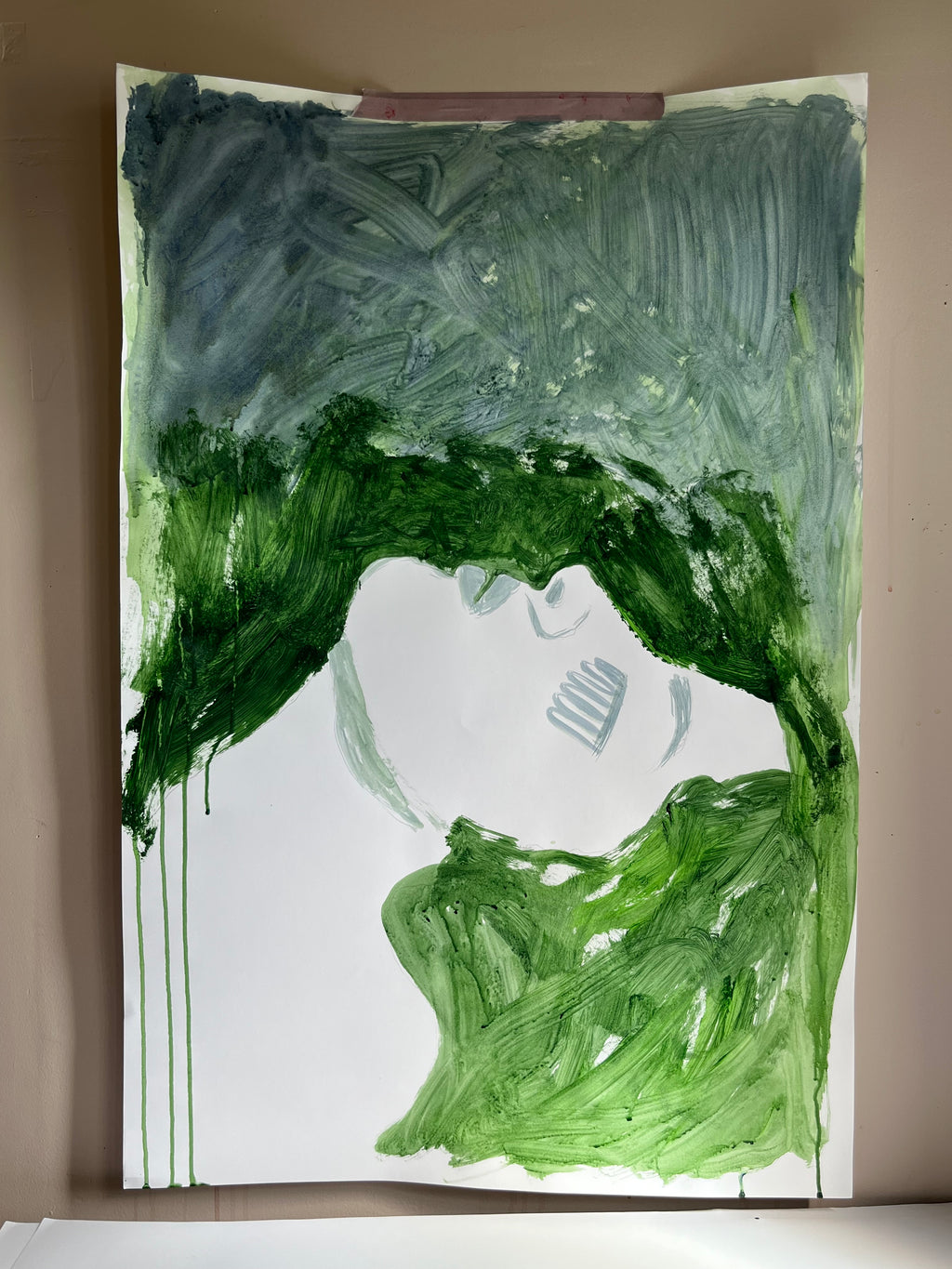Abstract painting with green and blue strokes on a white background