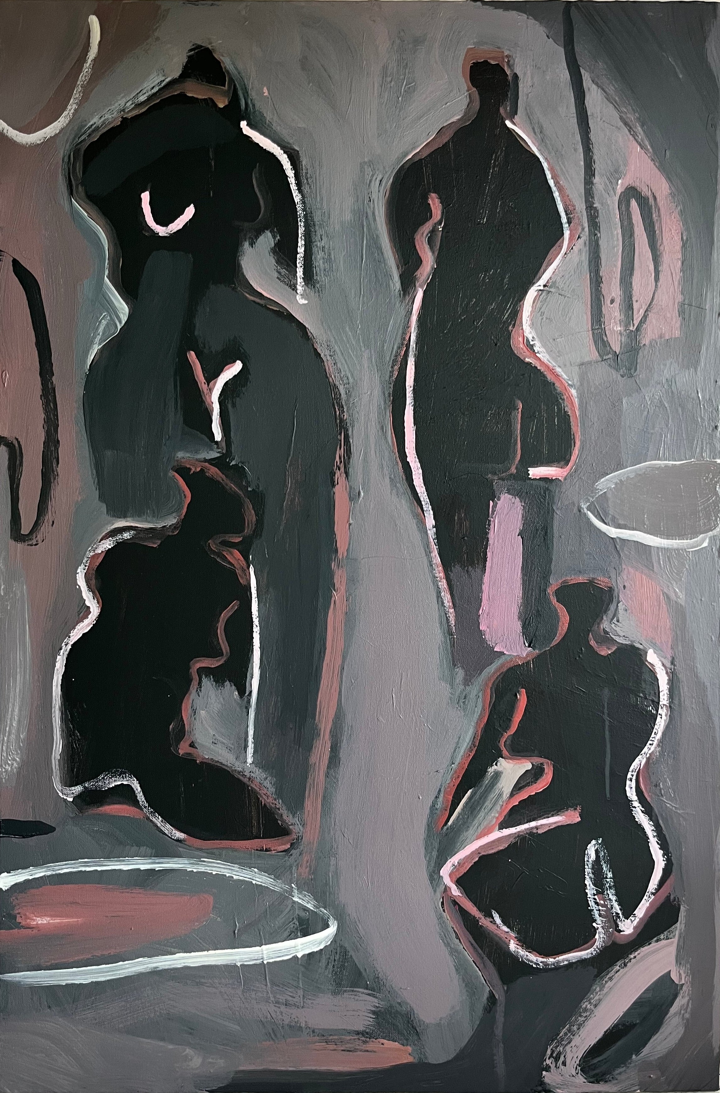 Abstract painting with black, white, and gray shapes on a dark background