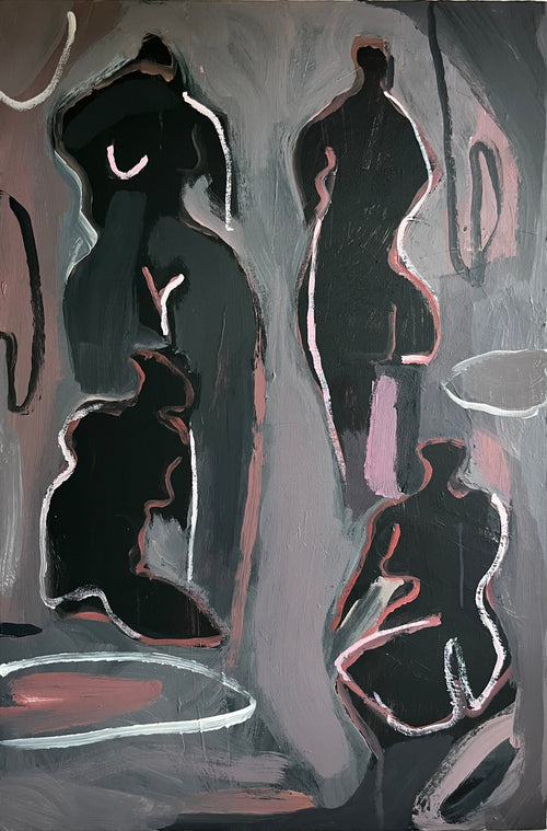 Abstract painting with black, white, and gray shapes on a dark background