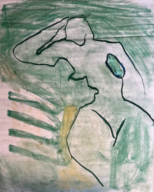 Artistic depiction of a nude figure with green and black colors on a white wall, below which is a book titled 'Anxiety for the Artist'.