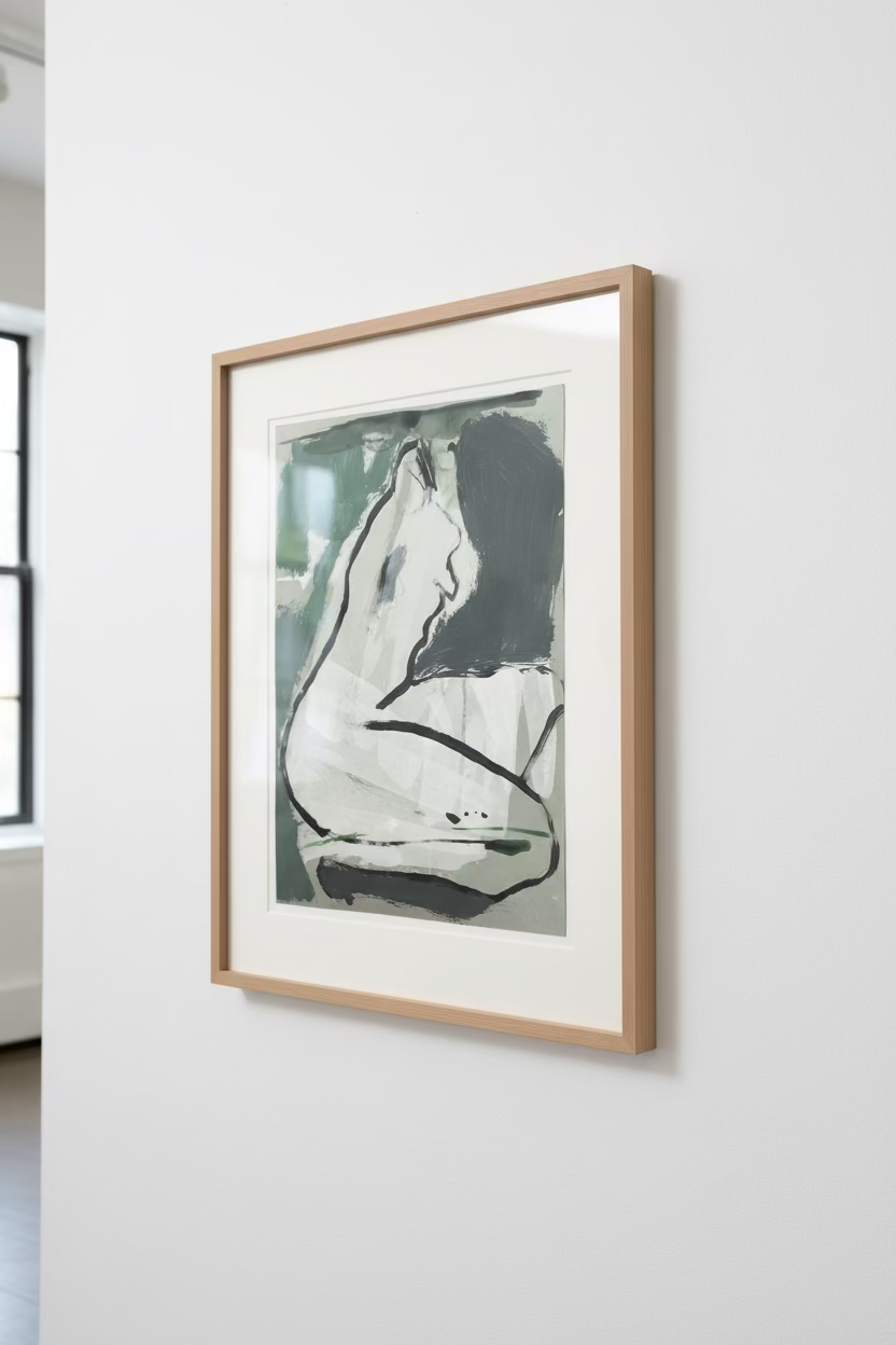 Framed artwork of a woman's face on a white wall